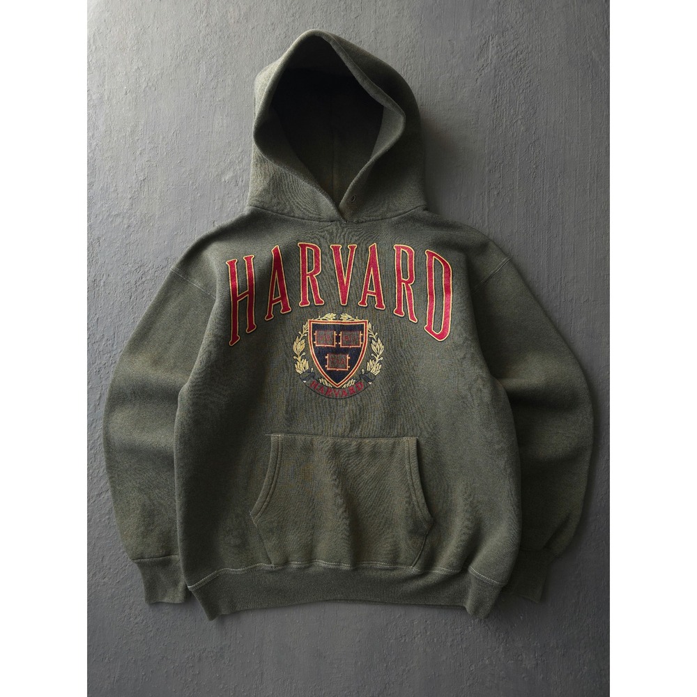 Vintage 90s Green Harvard Hoodie Size M Hand Dyed University Pullover